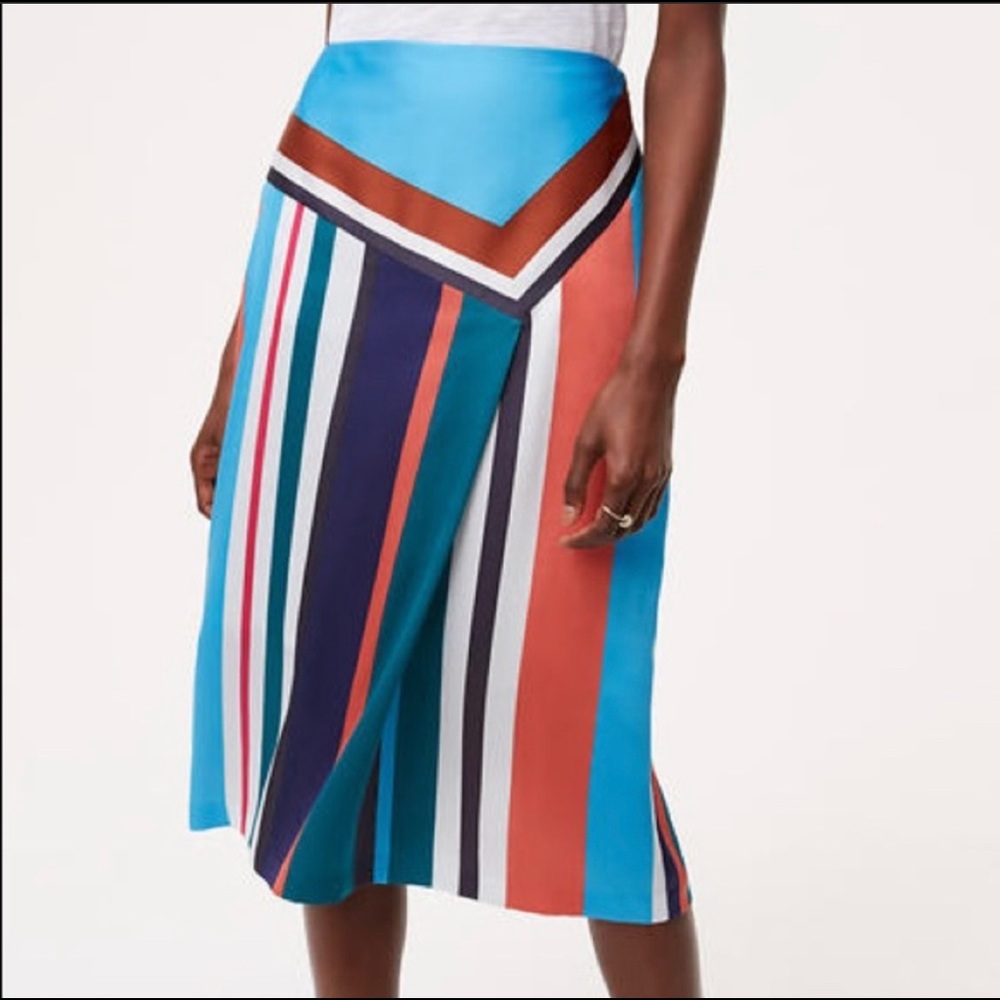 LOFT Bright Multi Stripe Diagonal Midi Skirt Retro